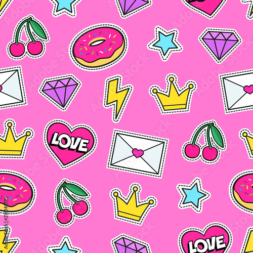 Cute modern girly seamless colorful pattern of fashion patches: crown, diamond, love letter, heart, donut, star, cherry, lightning. Background of cartoon stickers and patches. Vector illustration