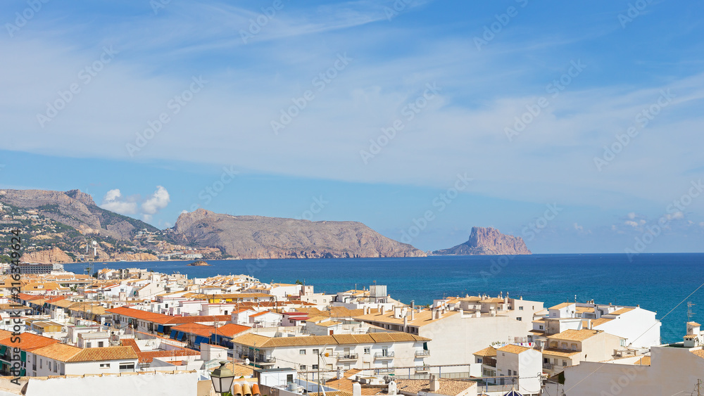 Spanish village at the sea. Traditional houses at the Mediterranean bay on Costa Blanca, Spain.