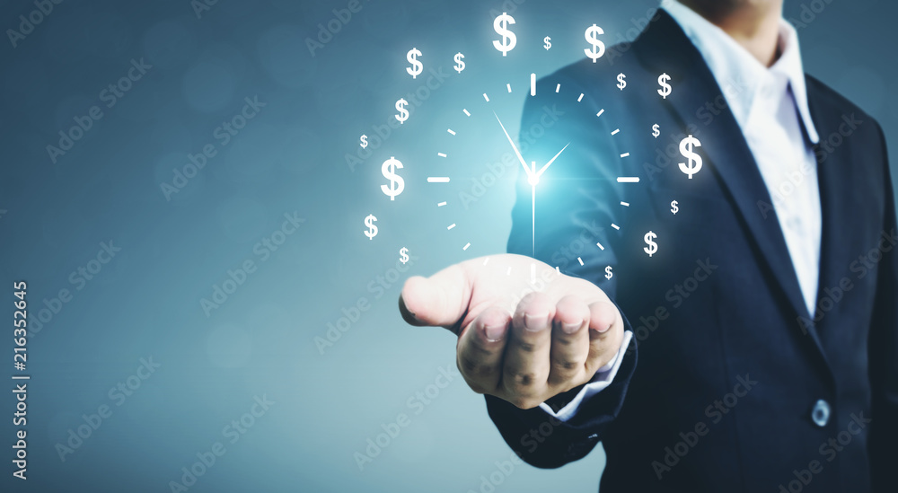 Businessman holding sign clock. Concept business time is money