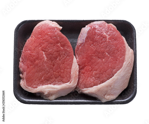 Raw beef steak in a tray