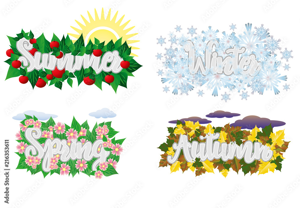Four seasons word cards, vector illustration Four seasons word cards, vector illustration