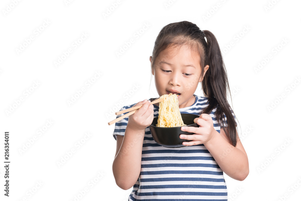 Asian child girl age 7 year , eating Instant noodles on white background Asian child girl age 7 year , eating Instant noodles on white background