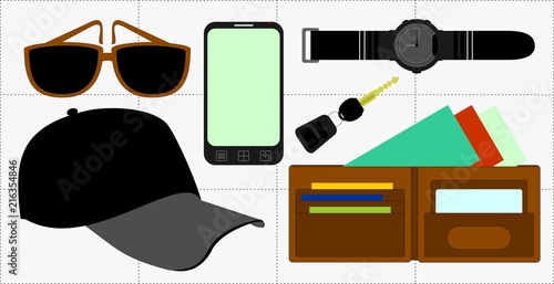traveling stuff important equipment in vector drawing and cartoon illustration
