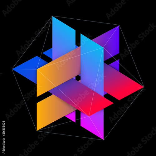 Abstract Interlocking Colorful Rectangles with Hexagonal Lines. Three Dimensional Symbol Design Isolated on Black Background. EPS10 Vector.