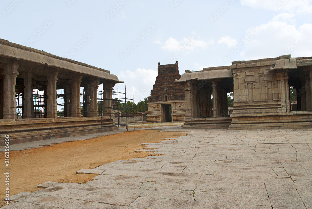 View of Pattabhirama Temple complex. Hampi, Karnataka, India. From left maha-manddapa, East Gopuram and Kalyana-Mandapa, Divine Marriage Hall. View from south west.