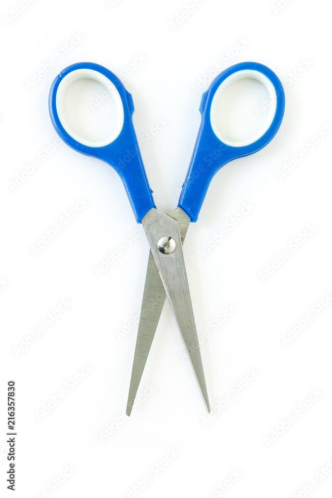 blue scissors cutting on white background blue scissors cutting on white background