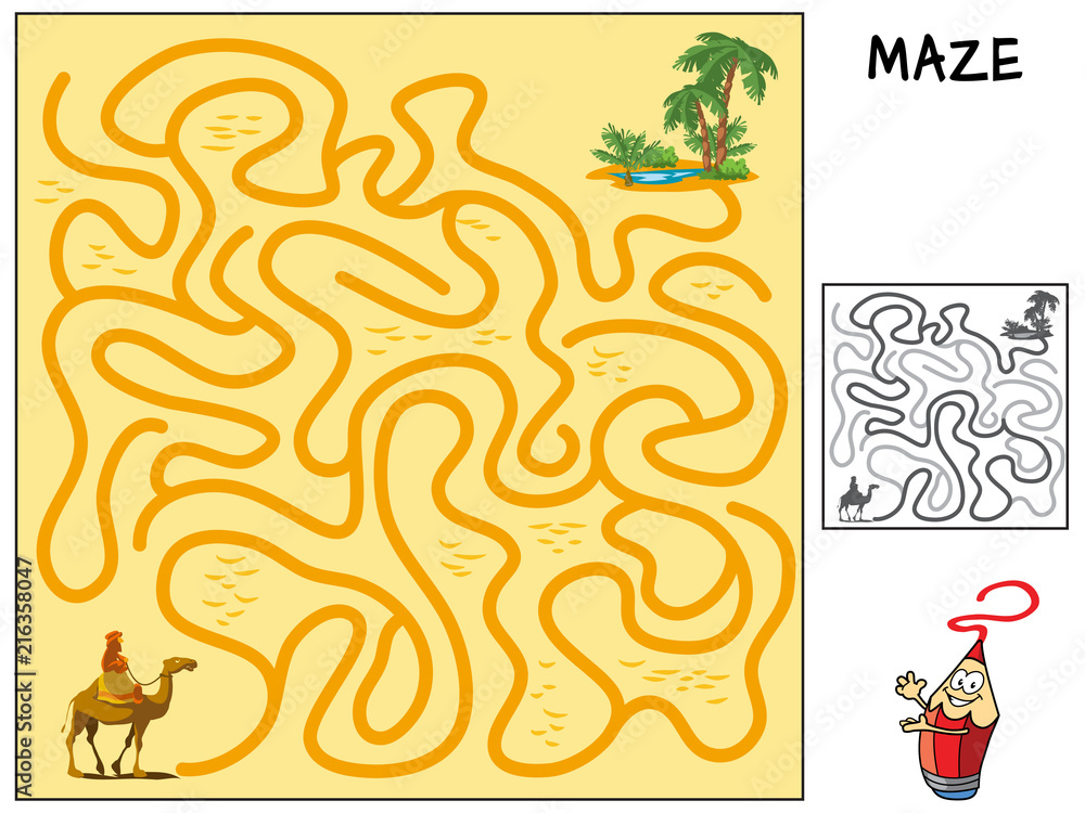 Fototapeta premium Help the caravan of camels to go through the desert to the oasis. Educational maze game for children. Cartoon vector illustration