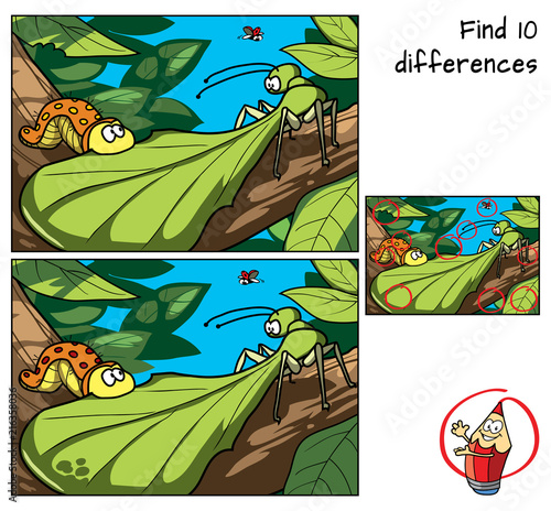 Tropical insects in the jungle. Caterpillar and mantis. Find 10 differences. Educational game for children. Cartoon vector illustration