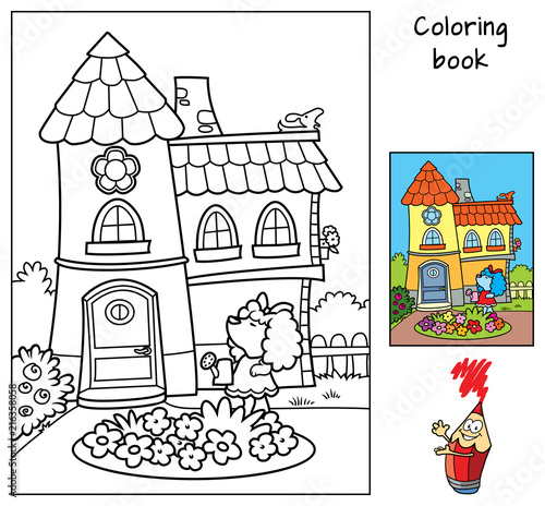 Cute little dog is watering flowers from a watering can in front of her house. Coloring book. Cartoon vector illustration