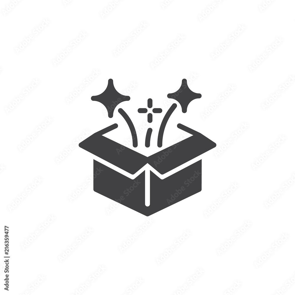Magic box vector icon. filled flat sign for mobile concept and web design. Open gift box and magic stars simple solid icon. Symbol, logo illustration. Pixel perfect vector graphics