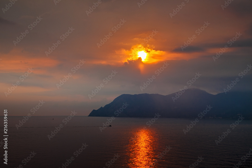 Sunset over a hill in the Cinque Terre
