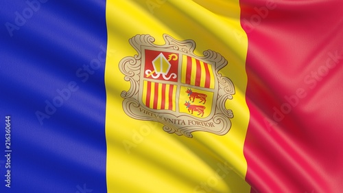 The national flag of the Principality of Andorra. Waved highly detailed fabric texture.