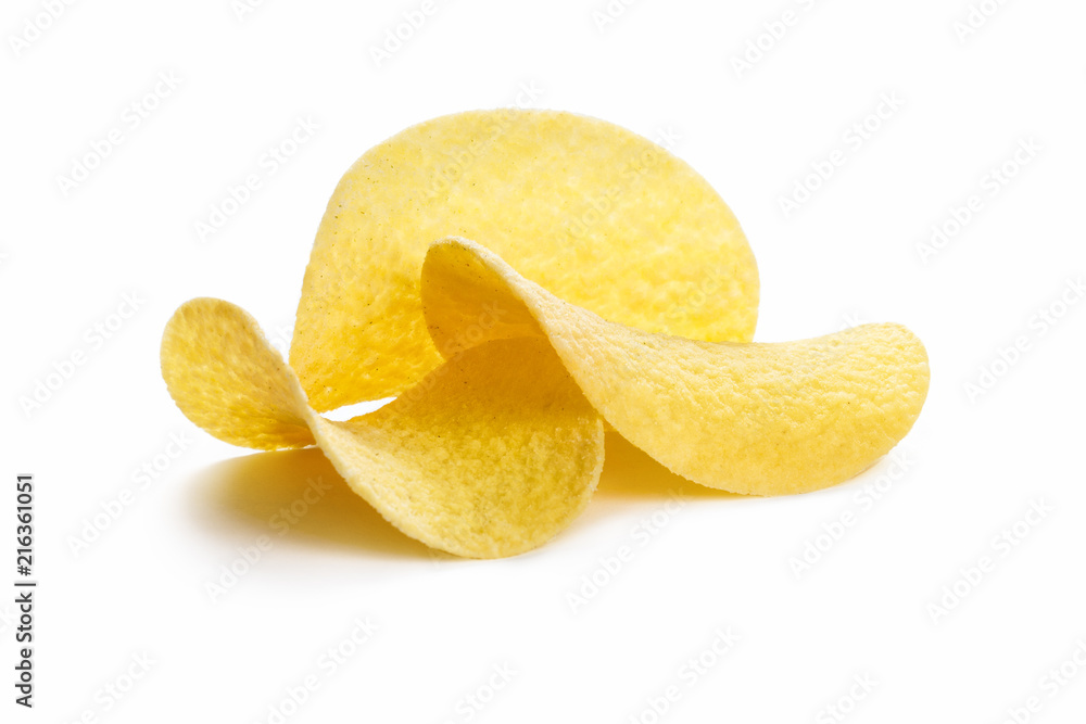 Delicious potato chips, isolated on white background Delicious potato chips, isolated on white background