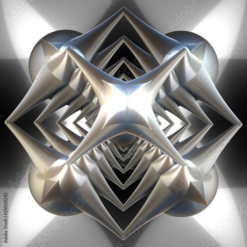 Computer generated 3D fractal.Digital illustration in the form of a Christmas star in silver tones on a light background.