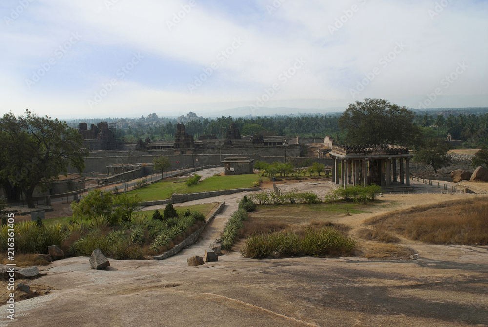 View from Hemkuta Hill, Hampi, Karnataka. Sacred Center. Krishna temple in the distance on the left and Sasivekalu Ganesha temple on the right side is seen.