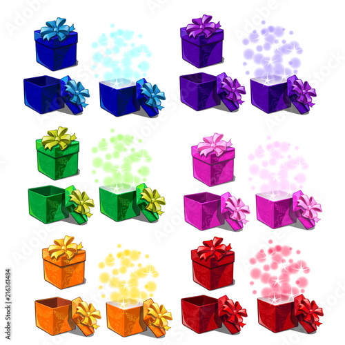 Big set of gift boxes isolated on white background. Vector cartoon close-up illustration.