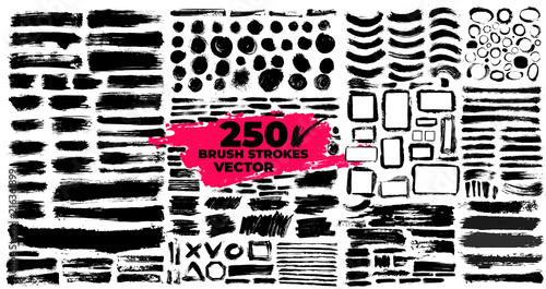 Set of brush strokes. Paintbrush boxes for text. Grunge design elements. Dirty texture banners. Ink splatters. Vector illustration. Isolated on white background. Freehand drawing