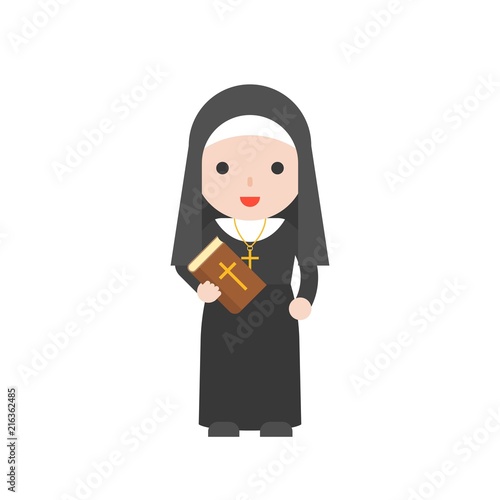 nun and bible, cute character, professional set, flat design