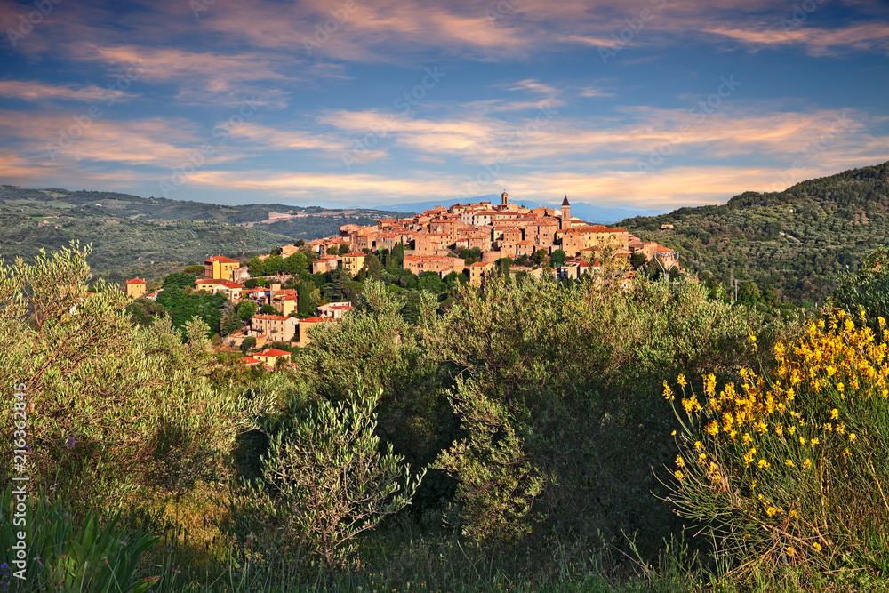 Seggiano, Grosseto, Tuscany, Italy: landscape of the countryside with the ancient hill town - obrazy, fototapety, plakaty 