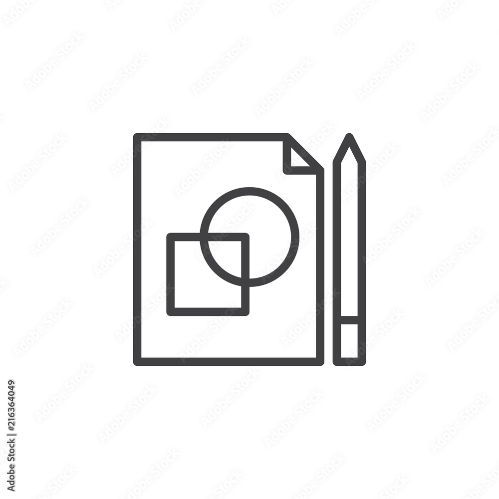 Paper with drawing and pencil outline icon. linear style sign for mobile concept and web design. Geometry line vector icon. Symbol, logo illustration. Pixel perfect vector graphics