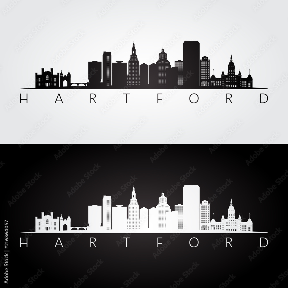 Obraz Hartford, usa linia horyzontu i punkt zwrotny sylwetka, czarny i biały projekt, wektorowa ilustracja.