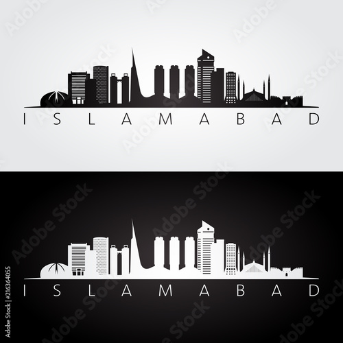 Islamabad skyline and landmarks silhouette, black and white design, vector illustration. photo