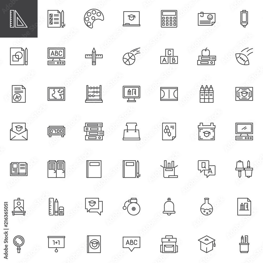 Back to school outline icons set. linear style symbols collection, line signs pack. vector graphics. Set includes icons as Ruler, Testing, Art, Chalkboard, Calculator, Computer, Pencil, Exam Abacus