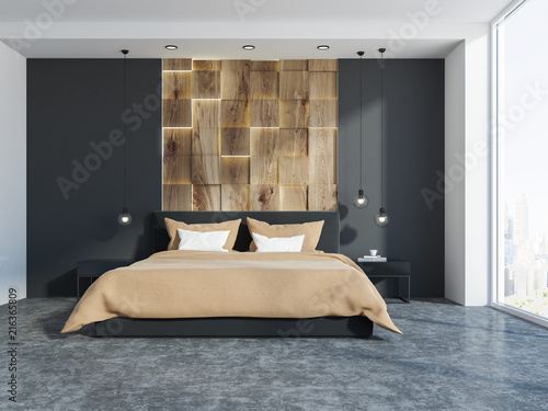 Gray and wooden panoramic bedroom interior