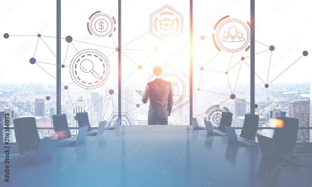 Businessman in office, network hologram Businessman in office, network hologram