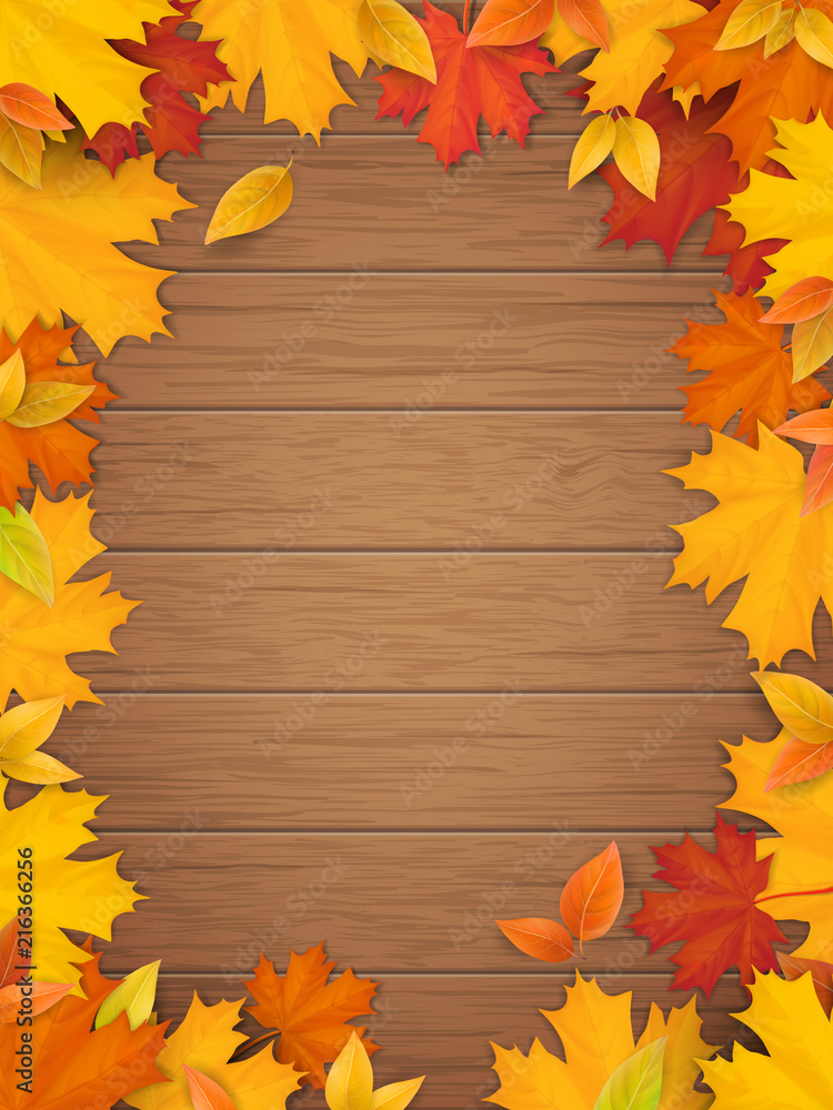 Autumn leaves on wooden background. Frame from fallen maple leaf. Template  for a seasonal sale, invitation or advertisement card with empty space for  text. Stock Vector | Adobe Stock