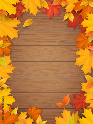 Autumn leaves on wooden background. Frame from fallen maple leaf. Template for a seasonal sale, invitation or advertisement card with empty space for text.