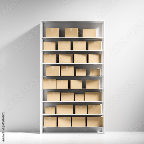 White cabinet with closed cardboard boxes on white