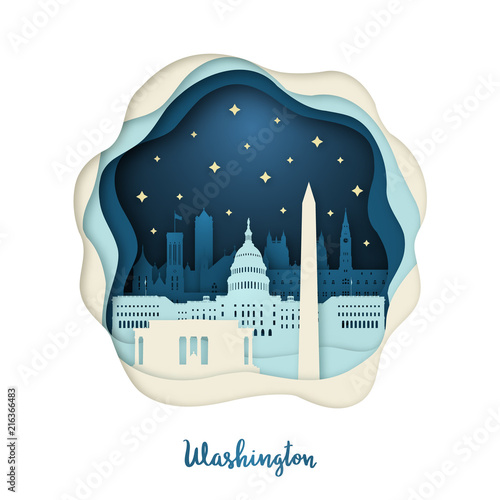 Paper art illustration of Washington. Origami concept. Night city with stars. Vector illustration.