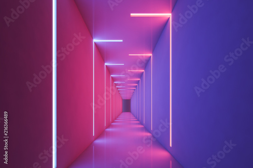 Neon light pink and purple empty corridor