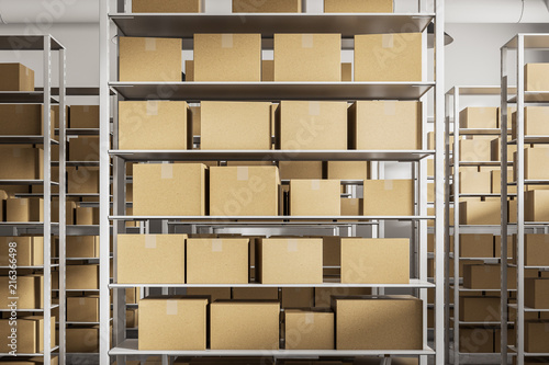 Warehouse shelves with cartboard boxes photo