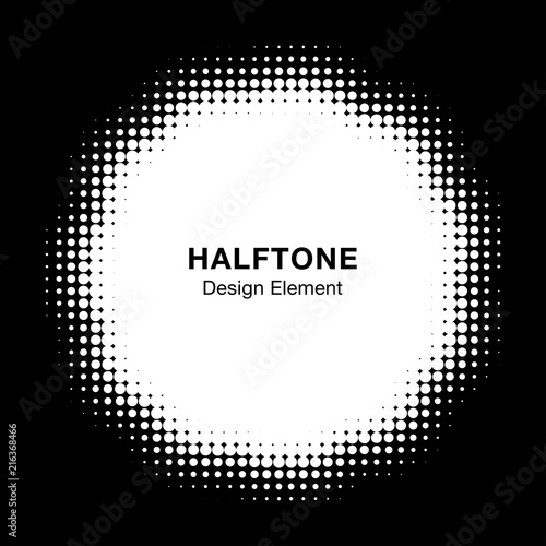 Halftone Dots Circle Frame Abstract Logo Design Element for medical treatment, cosmetic. Flower icon using halftone circle texture. Halftone emblem. Vector illustration.