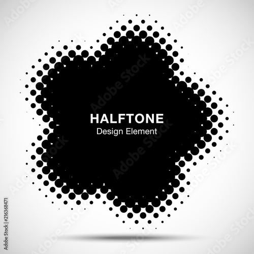 Halftone Dots Circle Frame Abstract Logo Design Element for medical treatment, cosmetic. Flower icon using halftone circle texture. Halftone emblem. Vector illustration.