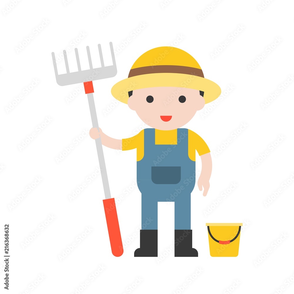 farmer and rake, cute character professional set, flat design farmer and rake, cute character professional set, flat design