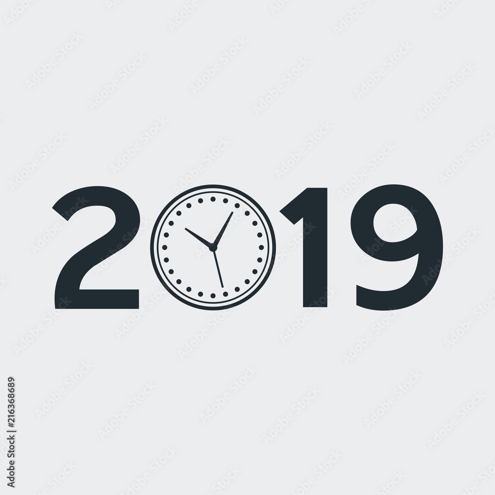 Icono plano 2019 con reloj en fondo gris Icono plano 2019 con reloj en fondo gris