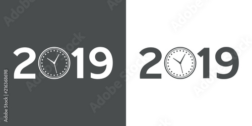 Icono plano 2019 con reloj en gris y blanco