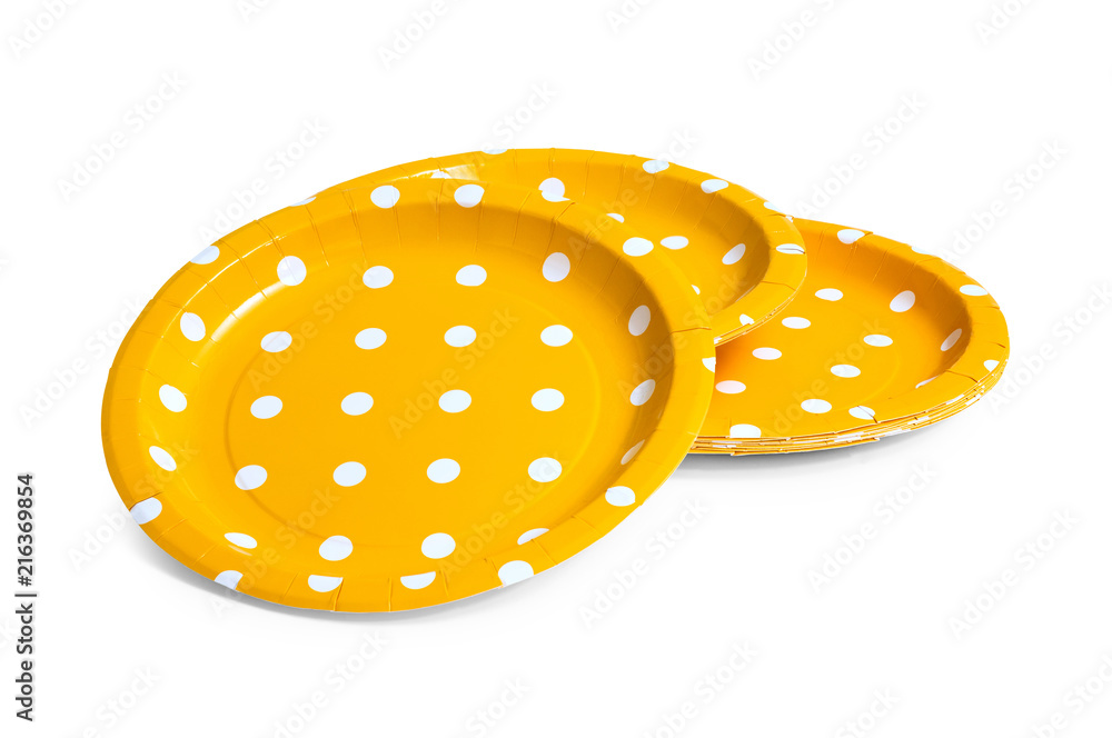 Orange polka dot paper plate isolated on white background. Party dish made from cardboard in colorful concept. Front and Back view. ( Clipping path ) Orange polka dot paper plate isolated on white background. Party dish made from cardboard in colorful concept. Front and Back view. ( Clipping path )