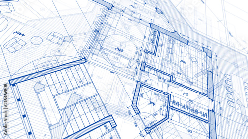 Architecture design: blueprint plan - illustration of a plan modern residential building / technology, industry, business concept illustration: real estate, building, construction, architecture