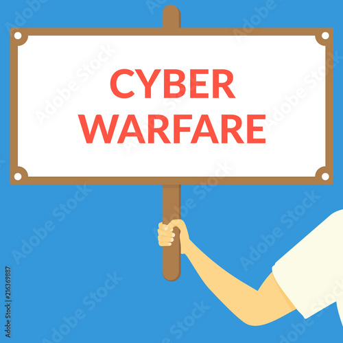 CYBER WARFARE. Hand holding wooden sign