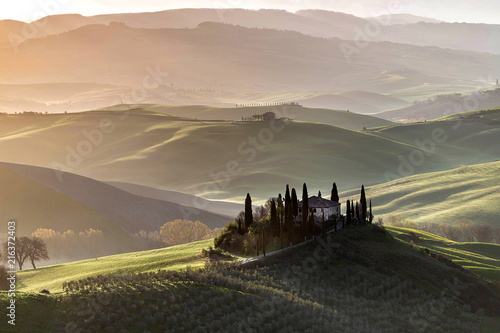 Green hills of Tuscany at sunrise