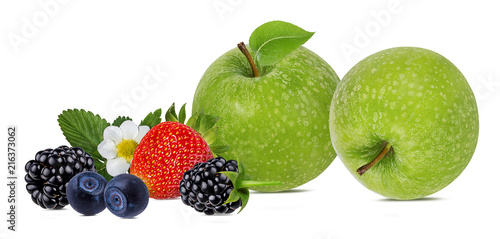 apples and collection of fresh berries isolated on white background