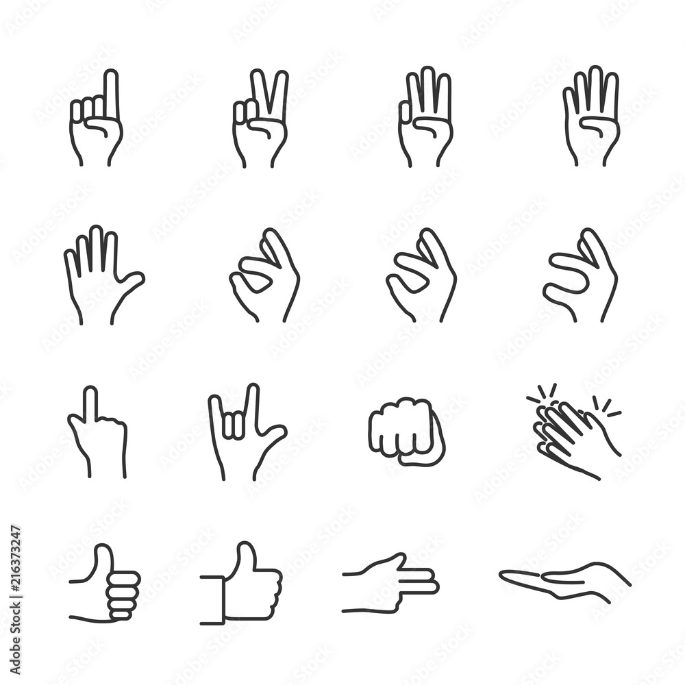 Vector image set of hands in different gesture line icons. Vector image set of hands in different gesture line icons.