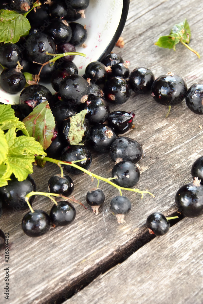 mug with black currant and leaves on a wooden table mug with black currant and leaves on a wooden table