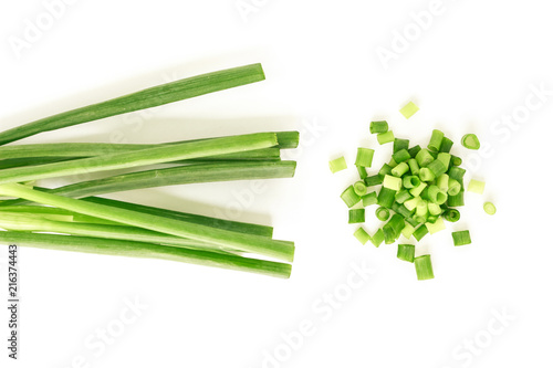 green onion cutted chives pile nature food on white background