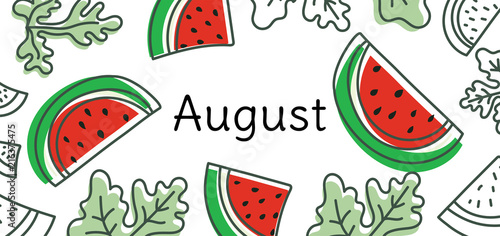 August watermelon vector. Hand drawn design. Doodle sketch. Fruit calendar