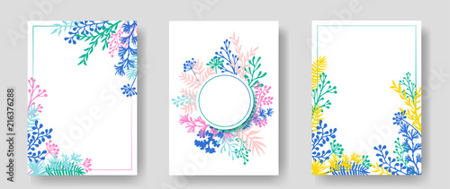 Vector invitation cards with herbal twigs and branches wreath and corners bor...